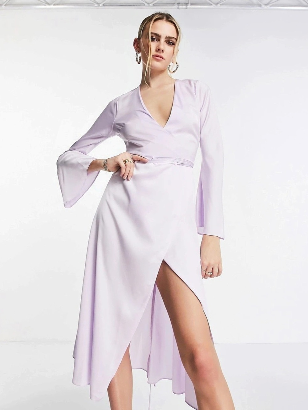 ASOS Design Bias Cut Satin Wrap Midi Dress with Tie Waist in Lilac US 12
